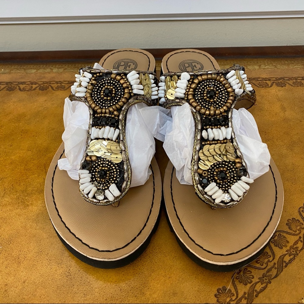 NWOT Pavers England Premium Leather Vegan Beaded Sequence Gold Flip Flop Sandals - Picture 2 of 5